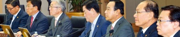 국무회의에 참석한 이완구 총리(오른쪽 세번째)와 각 부처 장관.