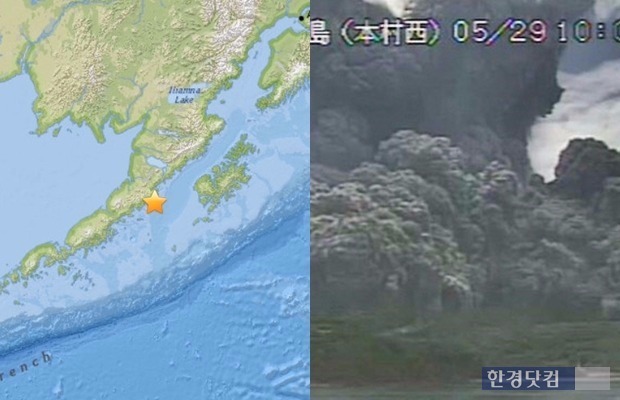  日 가고시마 화산 분화 이어 美 알래스카 규모 6.9 강진(사진=왼쪽 
미국 지질조사국(USGS), 오른쪽 일본 기상청 홈페이지)