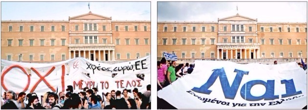 < 갈라진 그리스 > 국제 채권단의 구제금융안 수용 여부를 묻는 국민투표(오는 5일)를 앞두고 그리스 아테네에선 찬성과 반대시위가 잇따라 열렸다. 채권단 제안에 반대하는 시민들이 지난달 29일 국회의사당 앞에서 그리스어로 ‘아니오’를 뜻하는 ‘OXI’가 쓰인 현수막을 들고 시위(왼쪽 사진)한 데 이어 30일에는 ‘예’를 뜻하는 ‘NAI’가 적힌 현수막을 든 시민들이 찬성집회를 열었다. 아테네AFP연합뉴스