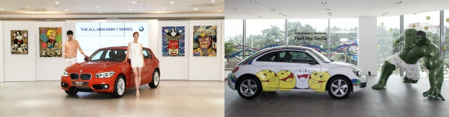 그래피티 아티스트 알렉 모노폴리의 작품과 함께 뉴 1시리즈를 출시한 BMW코리아(왼)과 유은석 작가의 '히어로 시리즈'를 전시한 유카로오토모빌. 사진=각사 제공