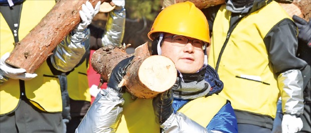 신원섭 산림청장이 경북 포항시 기계면 소나무재선충병 방제 현장에서 감염된 나무를 옮기고 있다.  산림청 제공 