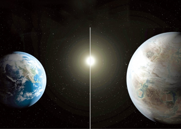 미국 항공우주국(NASA)은 23일(현지시간) 지구에서 1400광년 떨어진 태양계 밖에서 ‘또 하나의 지구’를 최초로 발견했다고 밝혔다. 오른쪽은 이번에 발견한 행성 ‘케플러-452b’ 상상도. 연합뉴스