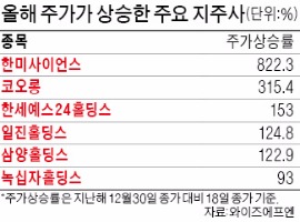 한미사이언스 822% 코오롱 315%↑…지주사주 "두배 급등, 그까이꺼~"