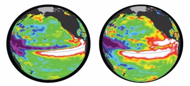 미국 항공우주국(NASA)이 관측한 1997년 10월 2일 태평양 수온(왼쪽)과 지난 1일 태평양 수온(오른쪽) 위성사진. 파란색-초록색-노란색-빨간색-흰색으로 갈수록 온도가 높다는 의미다. 마지막 ‘슈퍼 엘니뇨’가 발생했던 1997년보다 올해 동태평양 지역에 따뜻한 해류가 더 많이 형성돼 있다. AP연합뉴스