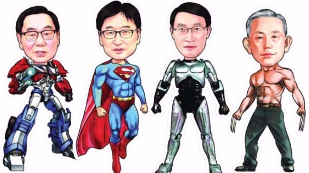 < '히어로' 수상자들 > 역대 공학한림원 대상 수상자들을 그린 히어로 캐리커처. 왼쪽부터 오원철 전 청와대
경제수석, 윤부근 삼성전자 사장, 이현순 두산 부회장, 고(故) 최형섭 과학기술처 장관.