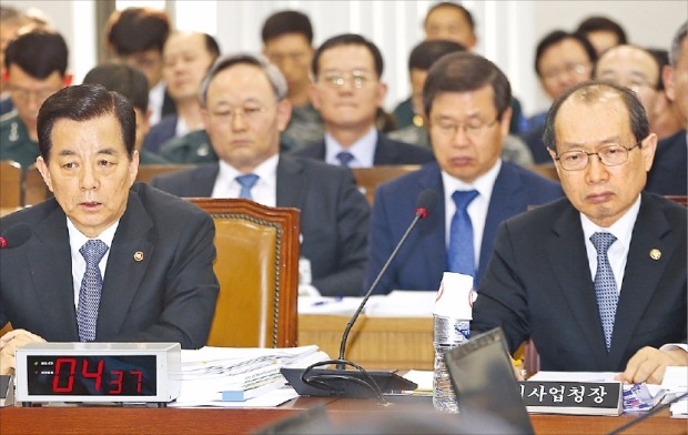 한민구 국방부 장관(왼쪽)이 19일 국회에서 열린 국방위원회 전체회의에서 한국형 전투기(KF-X) 사업과 관련한 의원들의 질의에 답하고 있다. 오른쪽은 장명진 방위사업청장. 연합뉴스