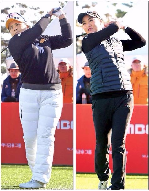 <LPGA팀 ‘환상의 콤비’> LPGA팀과 KLPGA팀이 대결하는 ING생명챔피언스트로피 첫째날인 27일 박인비(왼쪽)와 유소연(오른쪽)이 샷을 하고 있다. 연합뉴스