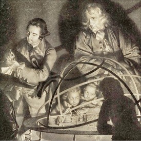 영국 수학자 제임스 쇼트가 18세기 말 제작한 반사망원경(사진 위)과 영국 화가 조지프 라이트가 그린 ‘태양계 모형을 강의하는 철학자’. 영국국립과학관·영국 예일 미술센터 제공
