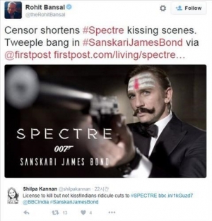 인도 검열당국, '007 스펙터' 키스신 가위질 논란