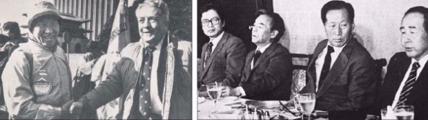 1982년 한·미 수교 100주년 기념 등산 후 워커 주한 미 대사와 함께한 정주영 회장.(왼쪽 사진) 경제 4단체장 어음부도 사건 공동 기자회견 당시 모습. 왼쪽부터 유기정 중소기업협동조합중앙회 회장, 정수창 대한상공회의소 회장, 정 회장, 신병현 한국무역협회 회장.