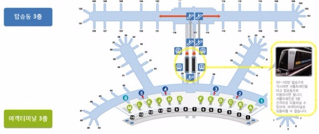 인천국제공항의 여객터미널과 탑승동 지도.