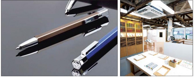 모나미 펜 중에서 가장 비싼 제품인 153RESPECT(왼쪽)와 서울 서교동에 있는 신제품 전시 공간. 모나미 제공