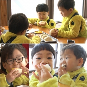 '슈퍼맨' 대한민국만세 삼둥이, 찐빵 앓이..민국, 눈물 젖은 찐빵 먹방