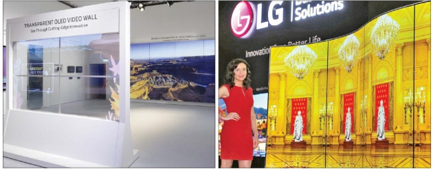 삼성전자와 LG전자는 유럽 최대 상업용 디스플레이 전시회인 네덜란드 ‘ISE 2016’에 참가해 첨단 디스플레이를 선보였다. 왼쪽은 삼성전자가 전시한 투명 사이니지, 오른쪽은 LG전자가 선보인 물결 형태로 휘어진 사이니지. 삼성전자·LG전자 제공