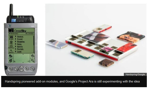 (좌) 영국 BBC 온라인판이 제시한 과거 모듈 확장방식을 시도한 PDA의 모습. (우) 구글의 조립식 스마트폰인 ARA. 출처=영국 BBC 온라인