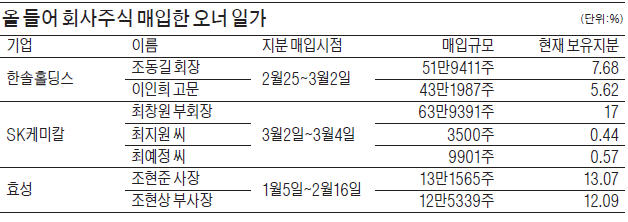 한솔·효성·SK케미칼 '오너 일가', 지배력 강화 위해 주식 매입 잇따라