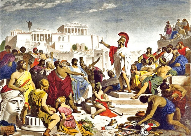 필립 폰 폴츠의 1853년 작품 ‘추도사를 하는 페리클레스’. 페리클레스는 제2차 펠로폰네소스 전쟁 당시 추도 연설에서 왜 아테네가 위대한 도시인지, 그 도시를 위해 목숨을 바친다는 것이 얼마나 명예로운 일인지를 설명했다. 21세기북스 제공