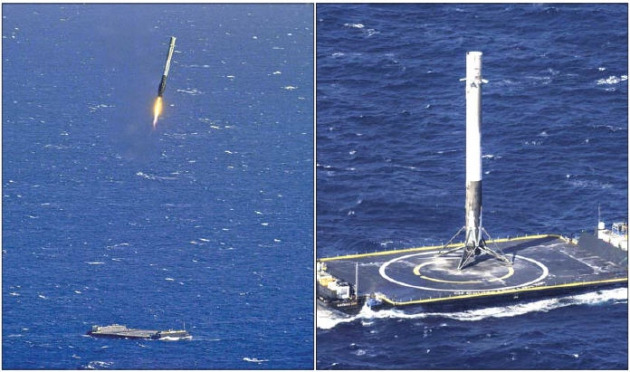 스페이스X는 지난 8일 우주로 쏘아 올린 ‘팰컨9’의 1단계 추진 로켓이 공중에서 낙하해(왼쪽 사진) 대서양에 설치된 무인선 플랫폼에 착륙시키는 데 성공했다(오른쪽). 연합뉴스