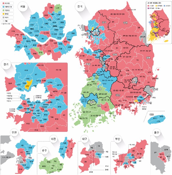 새누리, 영남서 고전…더민주, 수도권 압승…국민의당, 호남맹주로