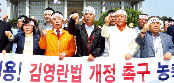 한국농축산연합회 참여단체 대표들이 12일 서울 여의도 국회 정문 앞에서 긴급 기자회견을 열고 ‘부정청탁 및 금품 등 수수의 금지에 관한 법률(일명 김영란법)’ 적용 대상에서 농·축산물을 제외 해 줄 것을 촉구하고 있다. 연합뉴스