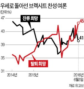 결국 '브렉시트' 로 가나…영국 여론 '탈퇴 찬성'으로 쏠려