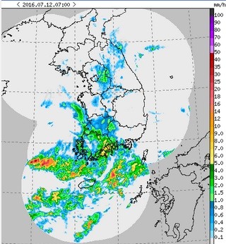 12일 오전 7시 현재 한반도 레이더 영상 사진=기상쳥 캡쳐