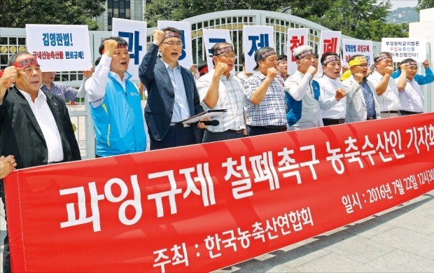 한국농축산연합회 관계자들이 22일 정부서울청사 앞에서 ‘부정청탁 및 금품 등 수수의 금지에 관한 법률(김영란법)’ 적용 대상에서 농·축·수산물 제외를 촉구하는 구호를 외치고 있다. 연합뉴스