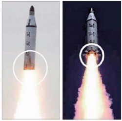 북한 노동신문은 25일 잠수함발사탄도미사일(SLBM) 시험발사 관련 사진 24장을 게재했다. 지난 4월23일 발사 당시의 SLBM(왼쪽)과 24일 발사한 SLBM 모습을 비교한 것으로, 하단부 톱니 모양의 장치가 추가된 것이 보인다. 연합뉴스