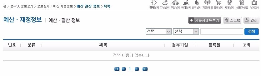 기상청 홈페이지 예산·결산정보 게시판. 사전공개목록 내용과 달리 텅 비어있다.