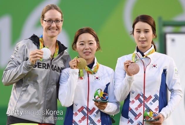 양궁 개인전. 왼쪽부터 리사 운루흐, 장혜진, 기보배. ⓒ gettyimages/이매진스 