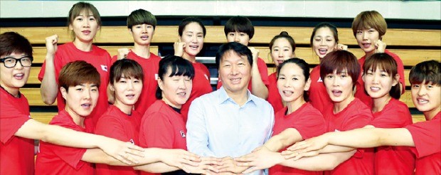 최태원 SK그룹 회장(앞줄 가운데)이 핸드볼 여자 국가대표 선수단과 리우데자네이루올림픽 선전을 다짐했다. SK  제공 
