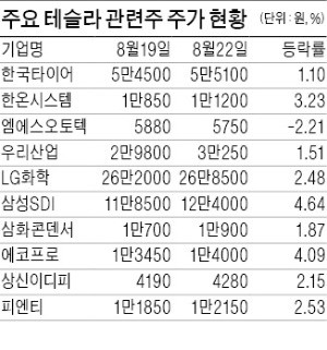 테슬라 사전예약 개시에 관련주 '시동'