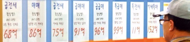 위례신도시 입주 영향으로 인근 서울 잠실지역 아파트 전셋값은 내리는 반면 매매가격은 오히려 오르고 있다. 잠실 엘스 단지 인근 중개업소에 전세 급매물 등을 알리는 가격표가 붙어있다. 한경DB