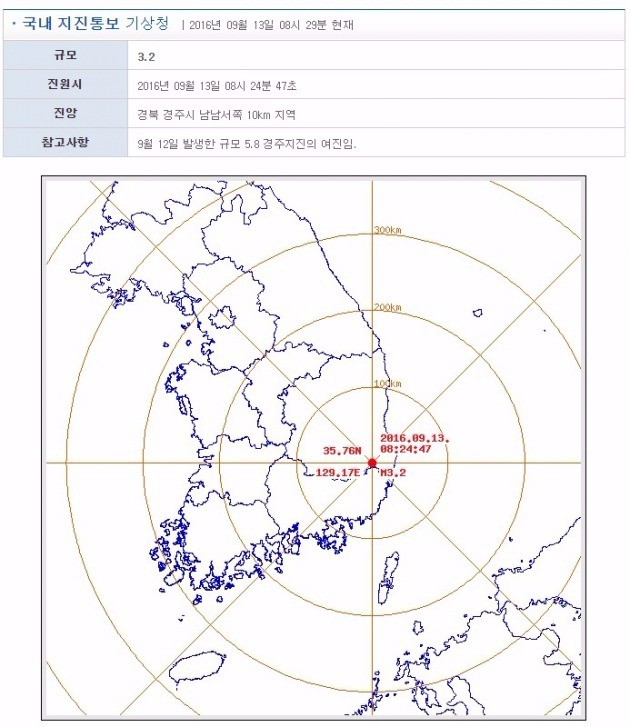 13일 발생한 경주 여진. 기상청 제공