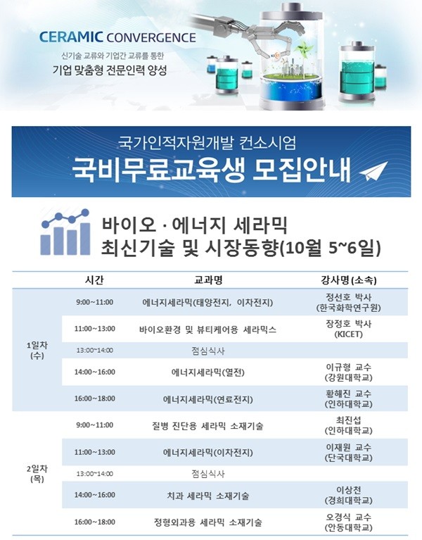 한국세라믹기술원, 세라믹 유관기업 재직자 위한 국비 무료 교육 실시