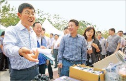 이상훈 삼성전자 사장(최고재무책임자·왼쪽)이 6일 추석맞이 자매마을 직거래 장터에서 송산포도를 사고 있다.