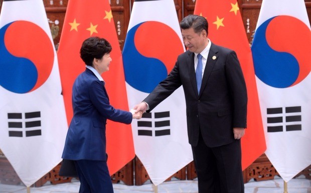 < 한·중 정상 악수 >  박근혜 대통령과 시진핑 중국 국가주석이 5일 오전(현지시간)  중국 항저우에서 열린 한-중 정상회담에서 악수하고 있다. 연합뉴스