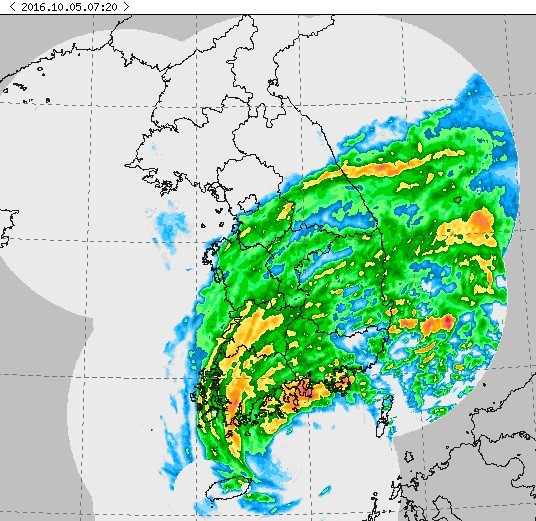 5일 오전 7시20분 현재 한반도 레이더영상  제공=기상청