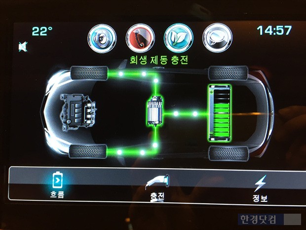 주행 중 배터리 회생제동 충전을 디스플레이를 통해 운전자에게 알려주고 있다. 