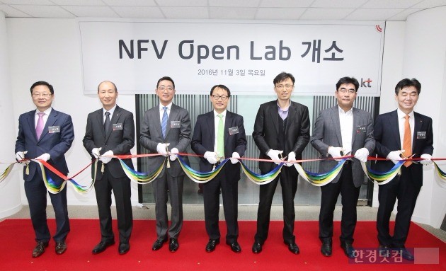 지난 3일 서울 KT 우면사옥에서 'NFV 오픈랩 개소식'이 열렸다. (왼쪽부터) 테이프 커팅을 하고 있는 신수정 KT IT기획실장, 오상목 KT 네트워크부문장, 함기호 HPE 대표, 구현모 KT 경영지원총괄, 정진수 삼성전자 전무, 이동면 KT 융합기술원장, 한원식 KT SCM전략실장. / 사진=KT 제공