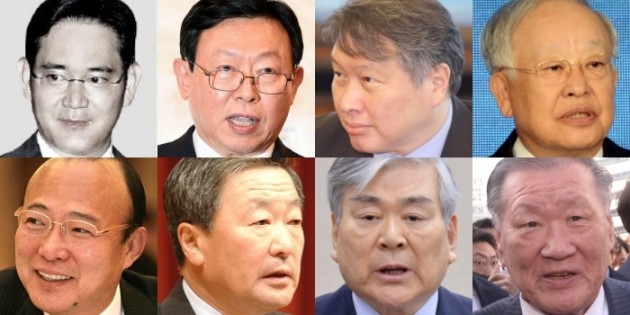 '최순실 게이트'를 규명하기 위한 국회 국정조사 특별위원회가 6일 대기업 총수 9명을 증인으로 불러 사상 초유의 청문회를 개최한다. 왼쪽 윗줄부터 시계방향으로 이재용 삼성 부회장, 신동빈 롯데 회장, 최태원 SK 회장, 손경식 CJ 회장, 정몽구 현대차 회장, 조양호 한진 회장, 구본무 LG 회장, 김승연 한화 회장. 한경DB. 