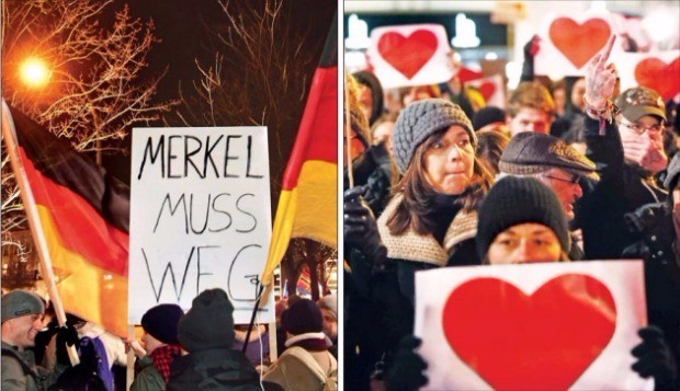 "메르켈은 떠나라" vs "사랑이 증오를 이긴다"