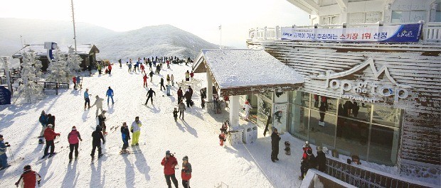 하이원스키장이 내려다보이는 탑오브더탑 레스토랑 앞에서 스키어들이 스키를 타고 있다 