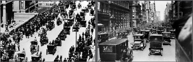 1900년(왼쪽)과 1913년 4월 부활절 아침에 미국 뉴욕 5번가를 찍은 사진. 불과 10여년 만에 말과 마차가 사라지고 자동차가 거리를 가득 메웠다. LG경제연구원 제공