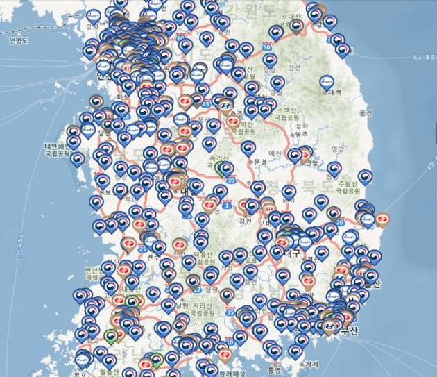 전국 고속도로 휴게소 내 전기차 급속충전기 위치. 사진=환경부 전기차 충전소 홈페이지 갈무리
