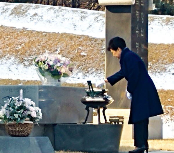 박근혜 대통령이 설 연휴를 앞둔 23일 국립서울현충원을 찾아 박정희 전 대통령과 육영수 여사 묘소를 성묘하고 있다. 사진은 수행원이 휴대폰으로 찍은 것이다. 청와대 제공