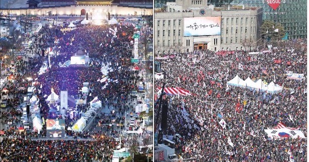 < 500m 거리에서 둘로 쪼개진 도심 > 지난 18일 서울 광화문 광장에서 열린 16차 촛불집회(왼쪽)에 참가한 시민들이 박근혜 대통령 탄핵을 촉구하고 있다. 같은 시간 광화문 광장과 500m가량 떨어진 덕수궁 대한문 일대에선 13차 탄핵 기각 총궐기 국민대회에 참가한 시민들이 태극기를 흔들며 탄핵 기각을 요구했다. 연합뉴스 