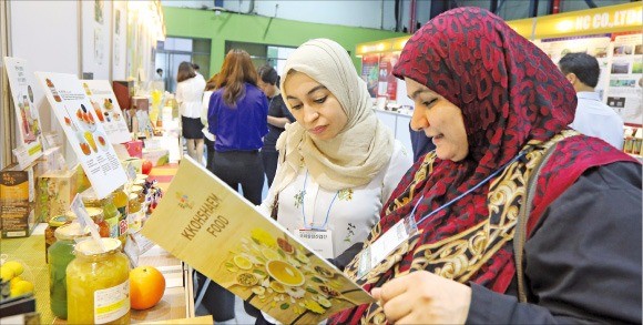지난해 7월 열린 해외 바이어 초청 ‘할랄수출상담회’에서 무슬림 여성들이 제품 설명서를 보고 있다. 한경DB