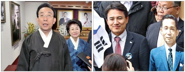 < 박정희 생가 찾은 한국당 주자들 > 자유한국당 대선주자인 김관용 경북지사(왼쪽 사진)와 김진태 의원(오른쪽 사진)이 20일 경북 구미에 있는 박정희 전 대통령 생가를 잇달아 방문했다. 이들은 박 전 대통령과 육영수 여사 영정에 참배하고 한국당 텃밭인 대구·경북 유권자들에게 지지를 호소했다. 연합뉴스