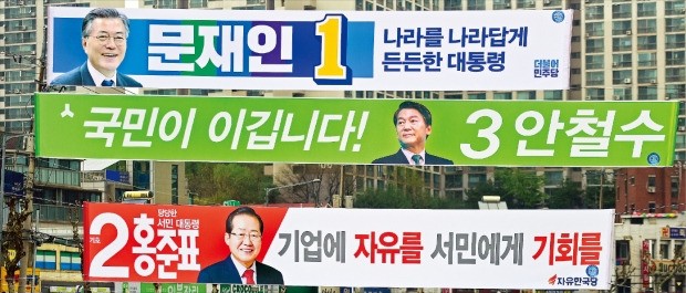 19대 대통령선거 공식 선거운동이 시작된 17일 서울 신림동 거리에 각당 대선 후보 현수막이 걸려 있다. 허문찬 기자 sweat@hankyung.com